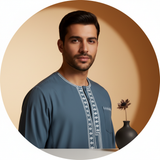 Circular portrait of Omar Abdel, a modern Middle Eastern man, from the shoulders up, wearing a sophisticated garment.