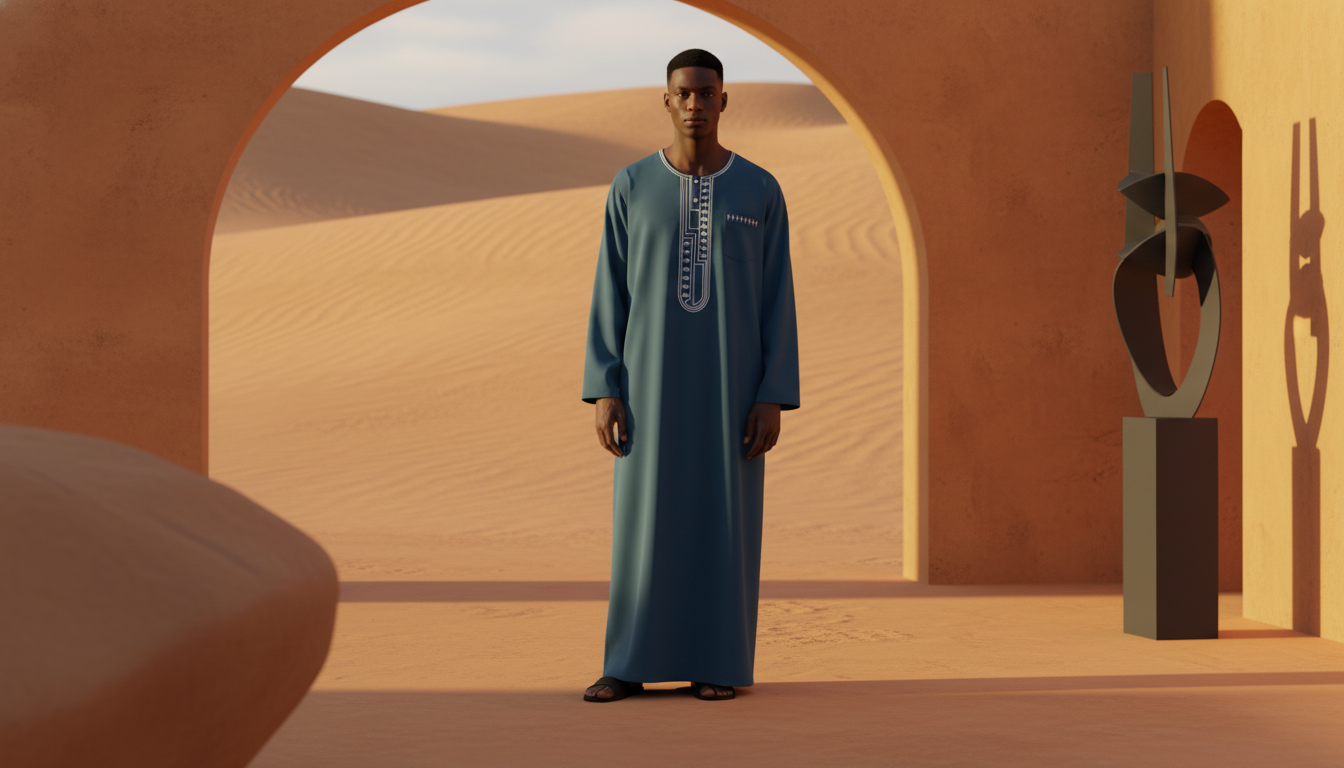 Person of color wearing a flowing "MOONQADIR" garment in a modern desert landscape under soft golden hour light, with subtle 