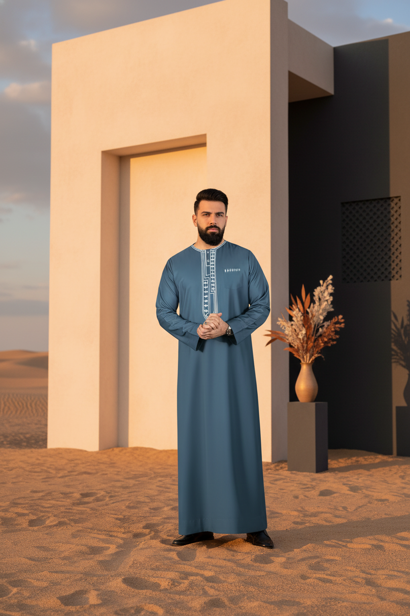 A person wearing a modern, elegant MOONQADIR garment in a luxurious, minimalist desert-inspired setting, with subtle warm cre