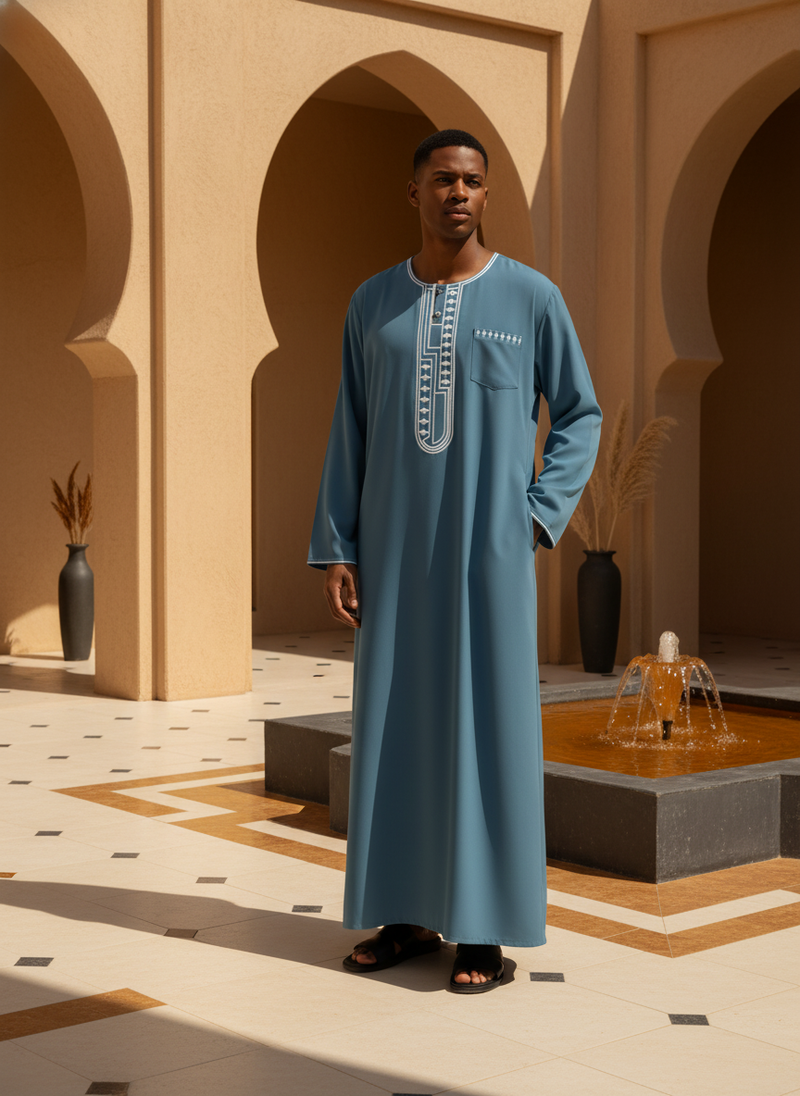 A diverse model wears the MOONQADIR garment, a modern Middle Eastern-inspired silhouette, in an elegant desert setting with a