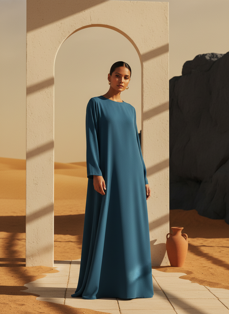 Diverse model wearing a flowing MOONQADIR garment in a minimalist desert setting with arches and soft golden light.