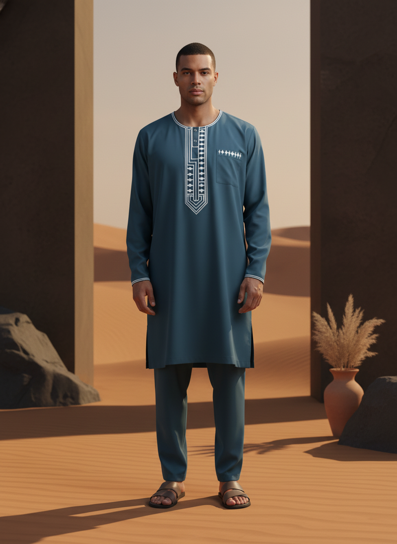 A diverse model wears the MOONQADIR garment in a minimalist desert setting with Islamic geometric shadows.