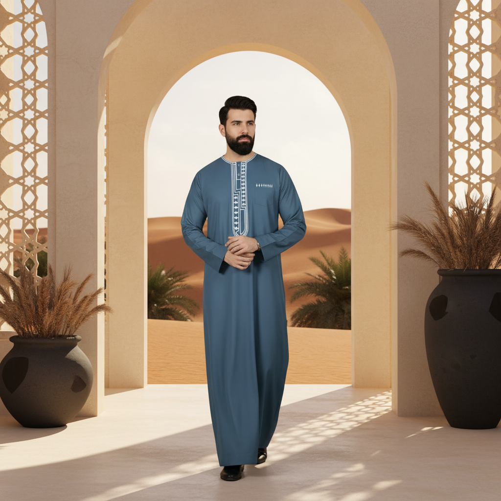 A diverse model wearing the MOONQADIR garment, which blends traditional Middle Eastern elegance with a modern silhouette, in 