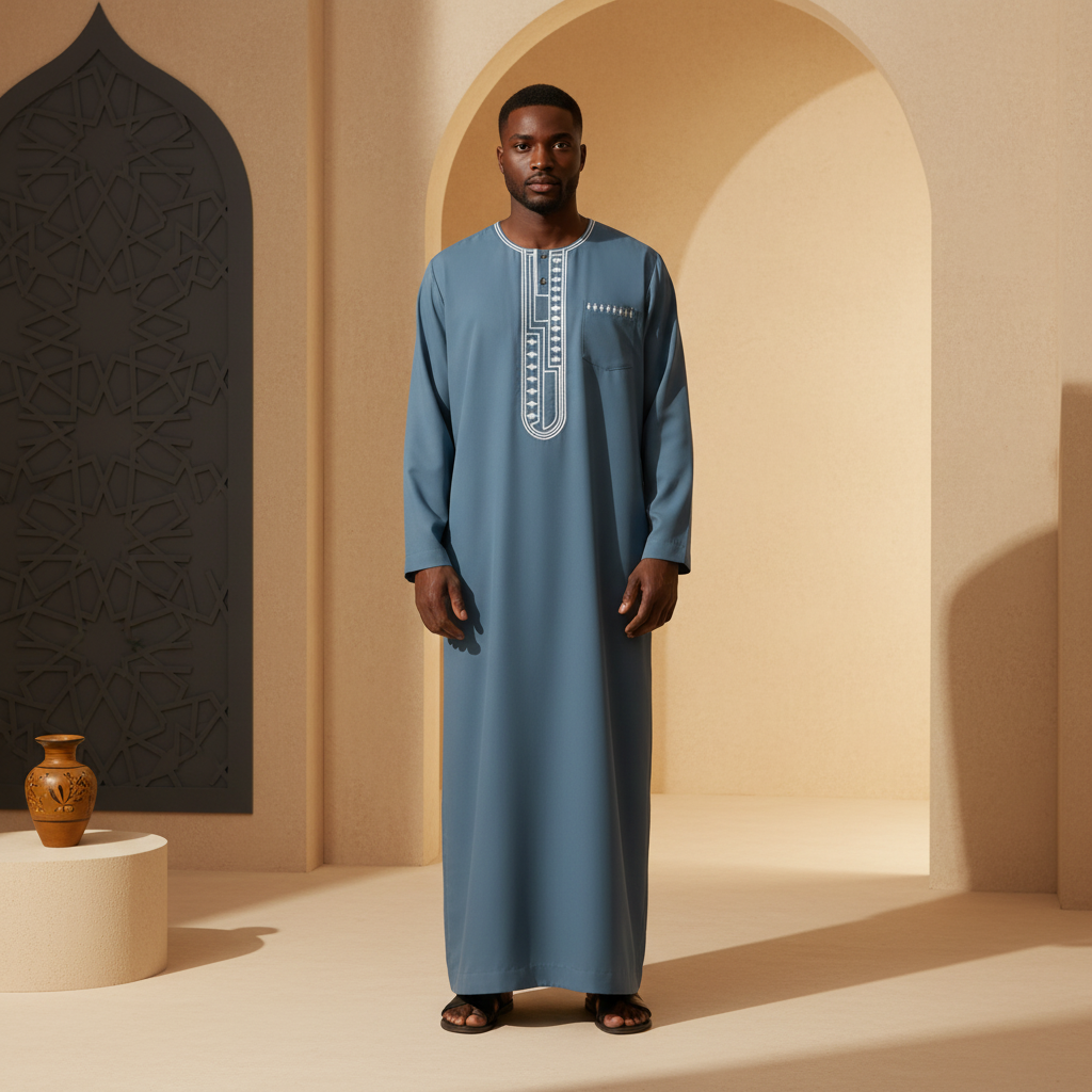 A diverse model wears the elegant MOONQADIR garment, styled with a modern silhouette, in a minimalist luxury setting with war