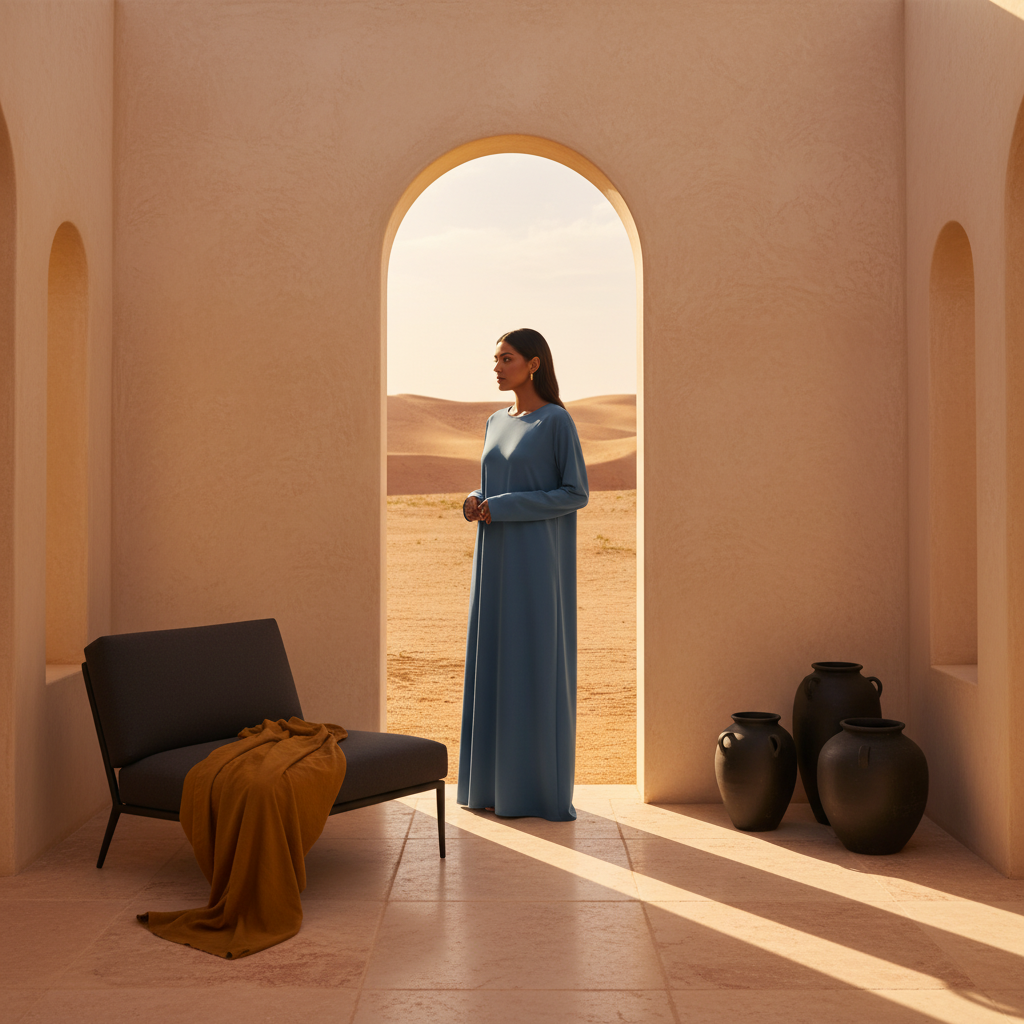 Diverse model wearing a flowing, elegant MOONQADIR garment, walking through an arched doorway in a modern desert-inspired set