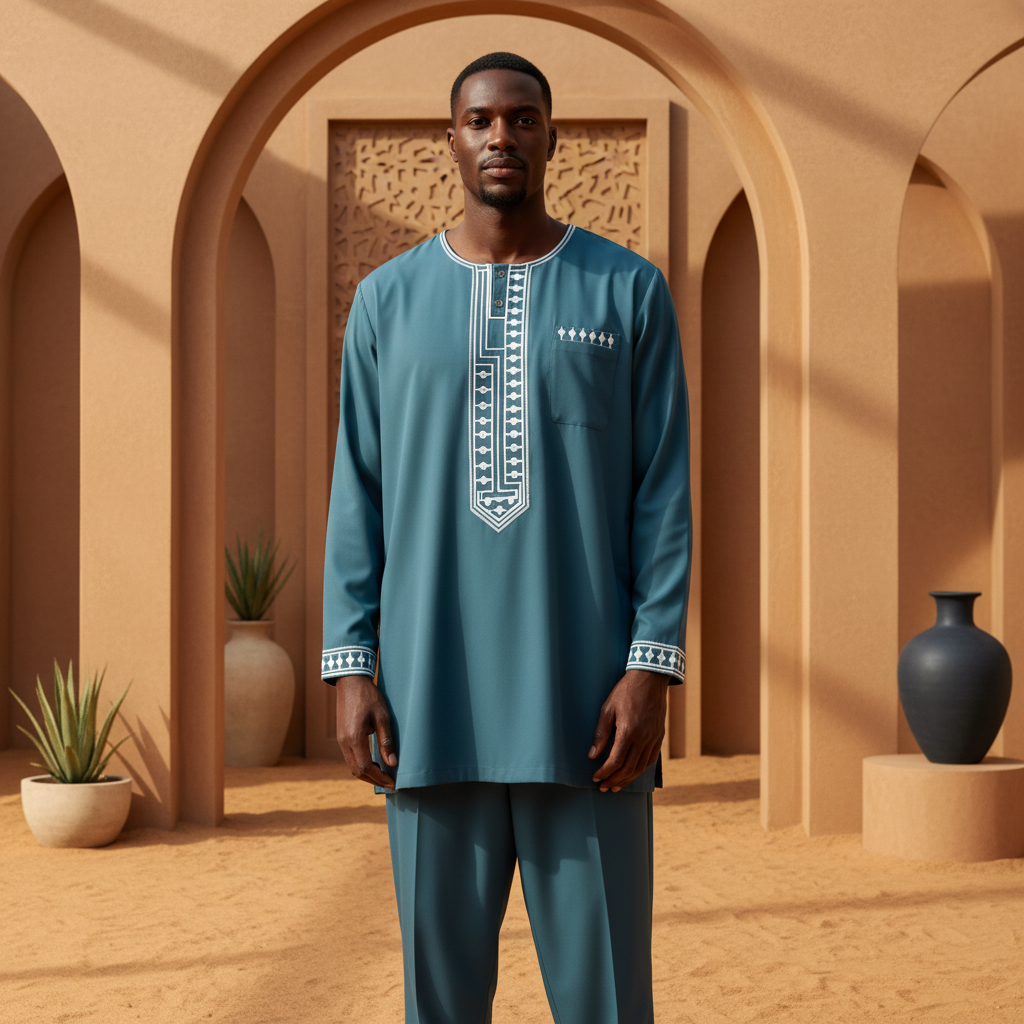 Diverse model wearing the MOONQADIR garment, standing confidently in a modern desert setting with elegant arches and soft sha