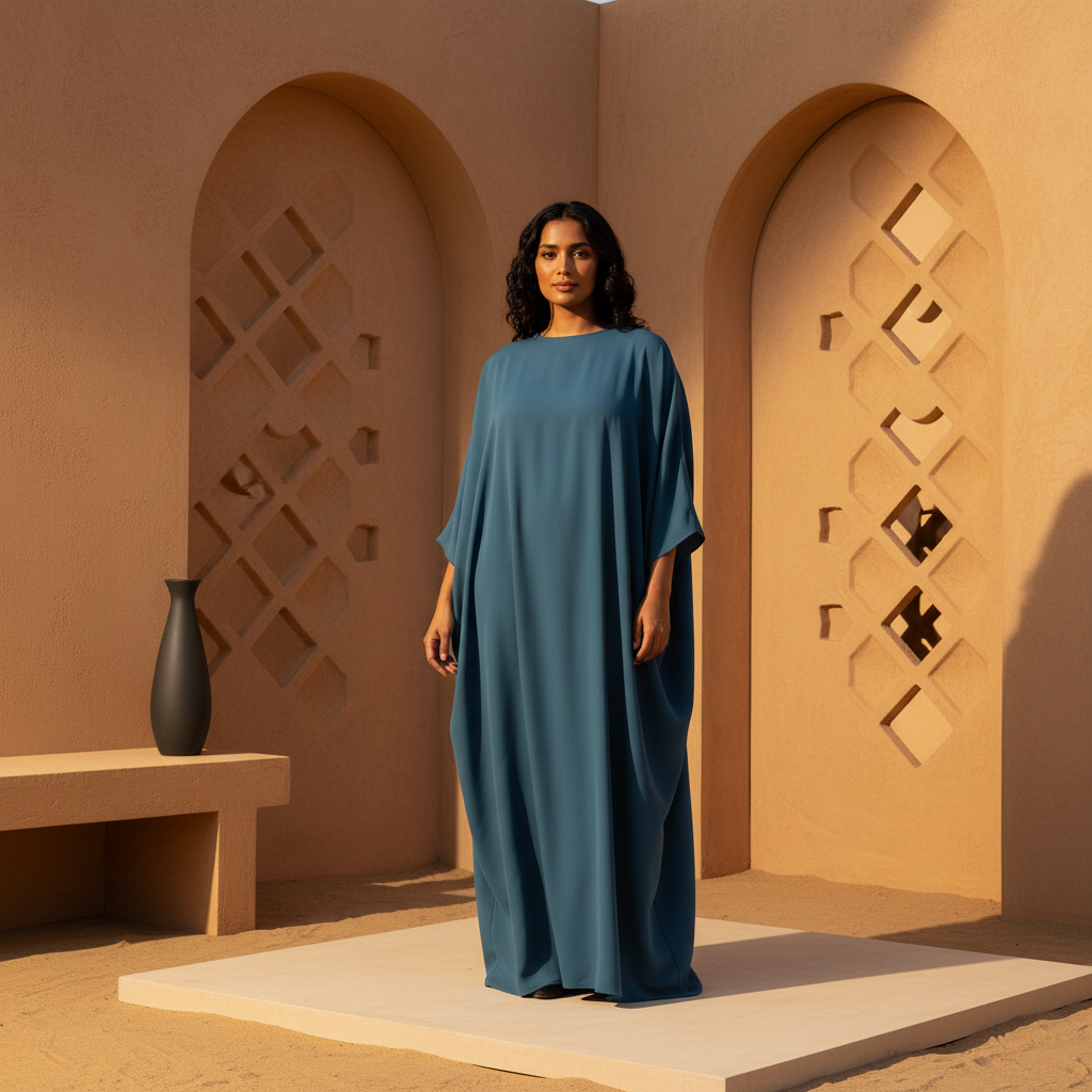 A person wearing a flowing MOONQADIR garment in a modern desert setting with arches and soft shadows, styled like a luxury ed