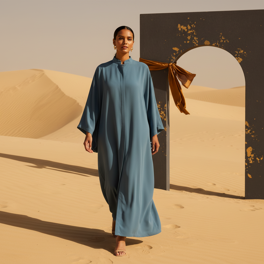 A diverse model wears the elegant MOONQADIR garment in a luxurious desert setting with an archway and warm lighting.