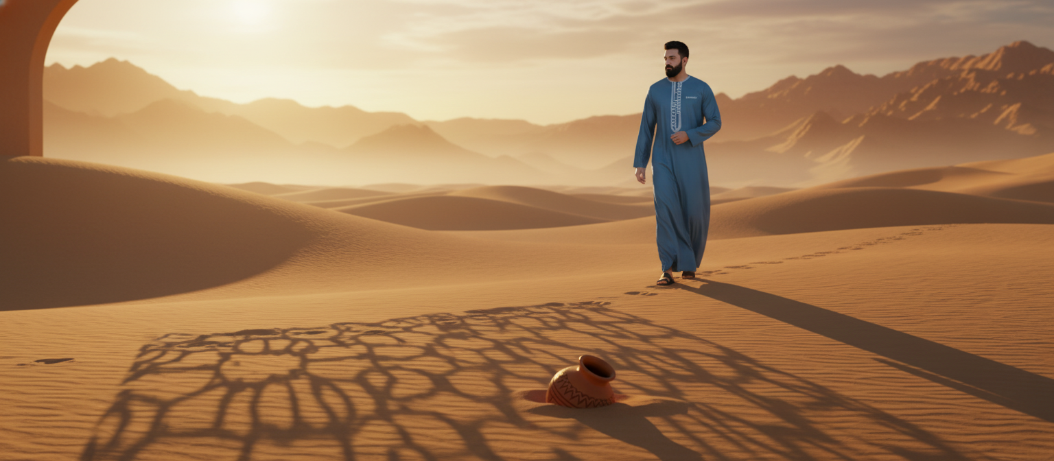 A lone figure in a flowing, elegant MOONQADIR garment walks through a sun-drenched desert landscape with subtle geometric sha