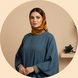 Circular portrait of Hana Bekri, a stylish woman, wearing a modern modestwear garment, against a warm cream background.